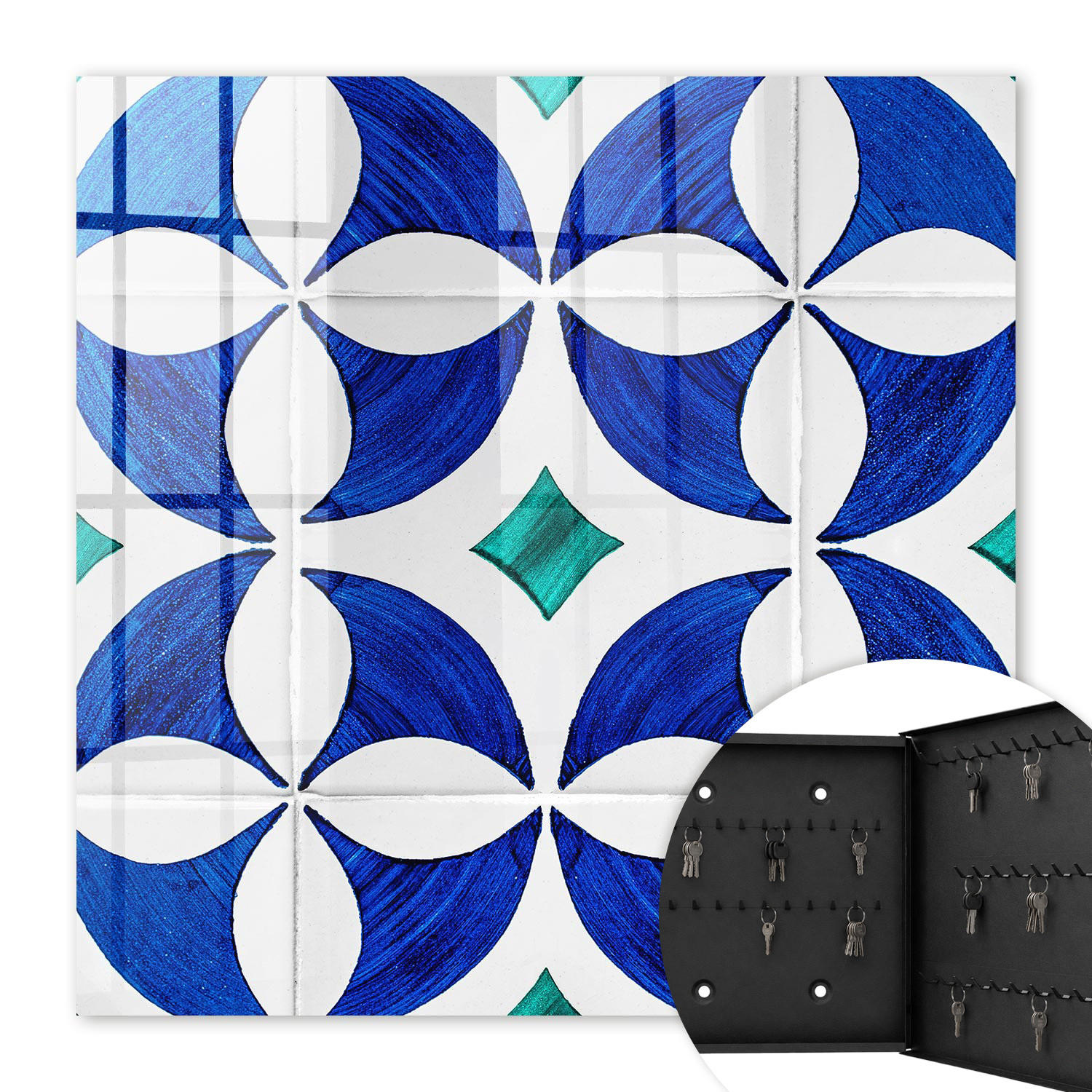 SCHLÜSSELBOX Schwarz 30x30 cm- Türöffnung nach rechts - Geometrisches Motiv - Blau, Metall (30/30/5cm) - TULUP