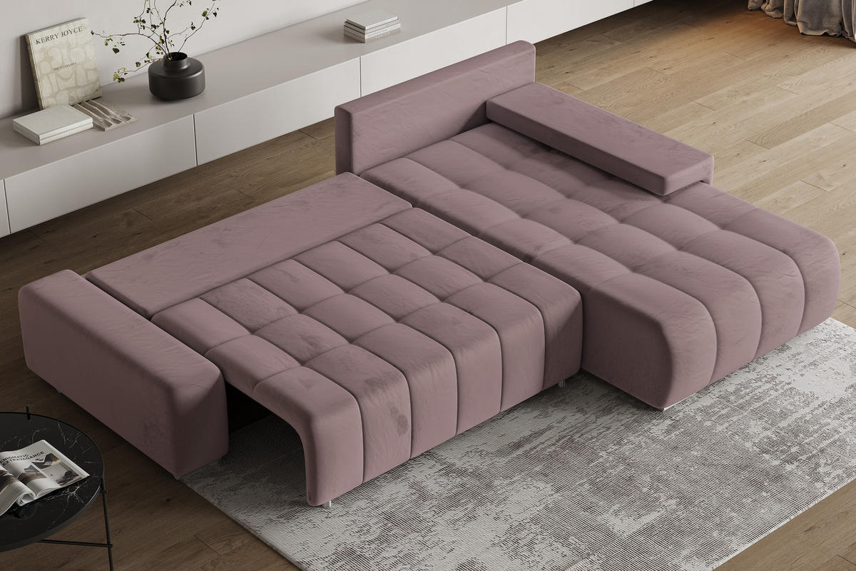 ECKSOFA ALESE R-S Lila Velours-Stoff mit Schlaffunktion - Lila, Holz (265/185cm) - MASSENO