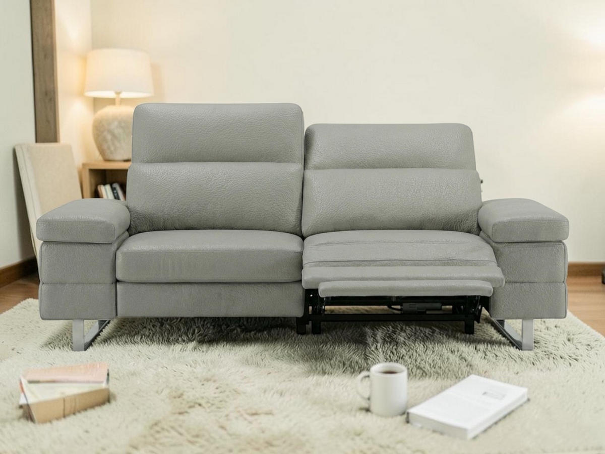 3-SITZER Sofa Virage Echtleder mit 1 x Relaxfunktion Perlgrau - Hellgrau, Leder/Metall (212/75/109cm)
