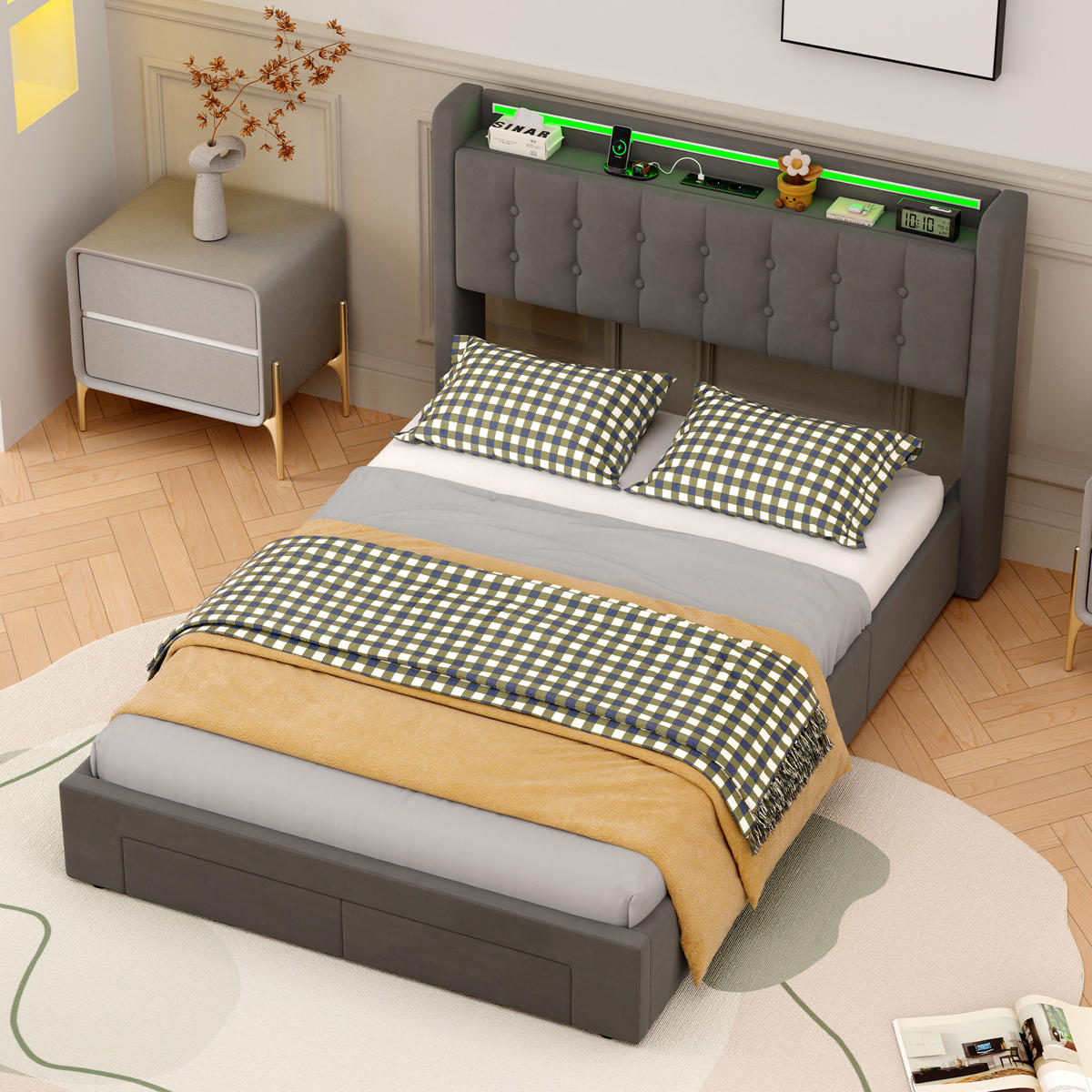 POLSTERBETT 140/200 cm in Grau, Samt, mit Bettkasten, USB, LED, Stauraum und Schubladen, ohne Matratze - Grau, Holzwerkstoff/Textil (140/200cm) - WISHDOR