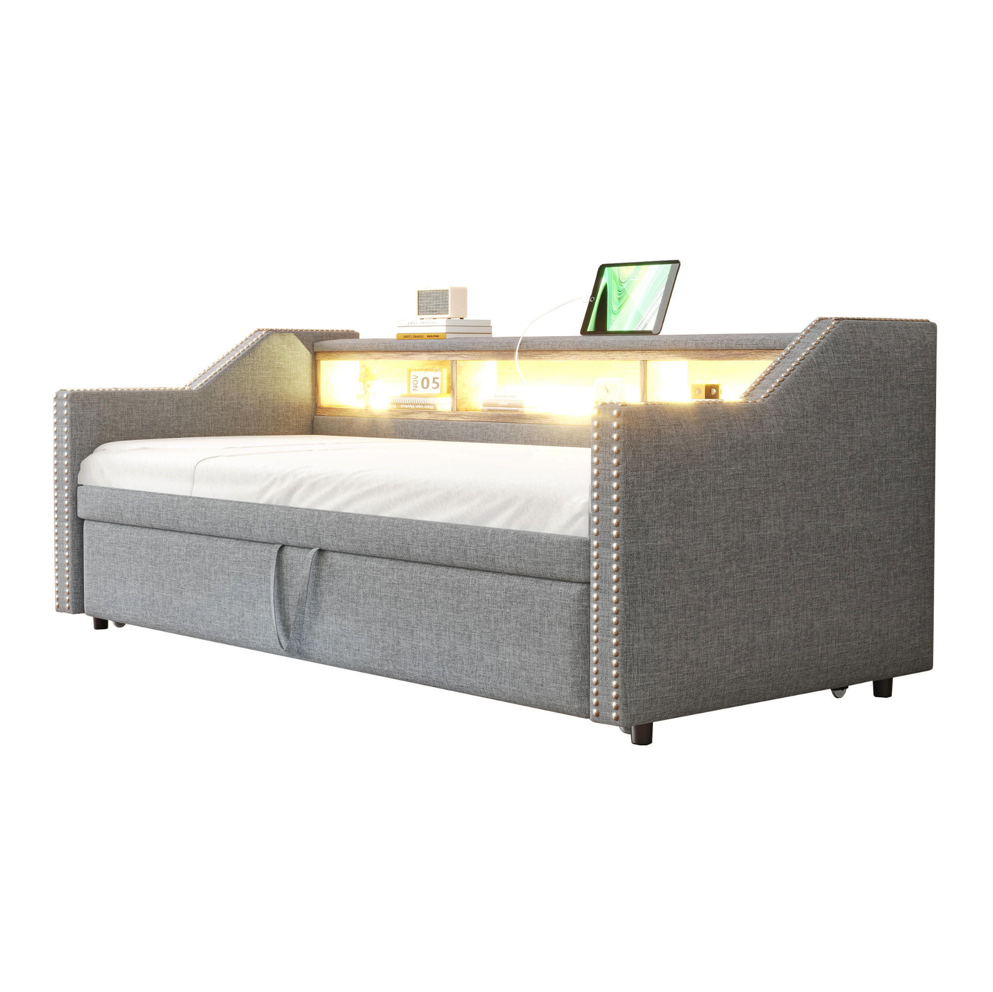 BETT Ausziehbar 90/190 cm mit LED-Beleuchtung & USB-Anschluss Hellgrau - Hellgrau, Textil (90/190cm) - OKWISH