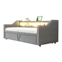 ČALÚNENÁ posteľ 90/180 x 190 cm svetlosivá z ľanovej tkaniny s výsuvným lôžkom, LED a USB - svetlosivá, textil (90/190cm) - OKWISH