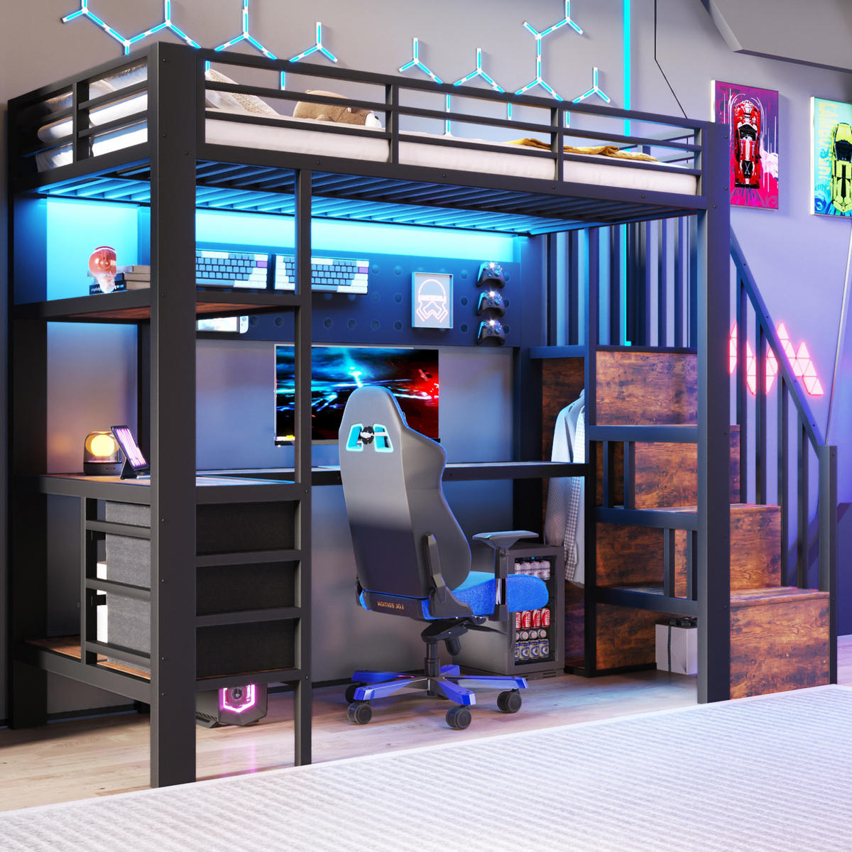 HOCHBETT 90/200 cm aus Metall und MDF mit Schreibtisch, Stauraum und LED Schwarz - Schwarz, Holzwerkstoff (90/200cm) - Modenvie