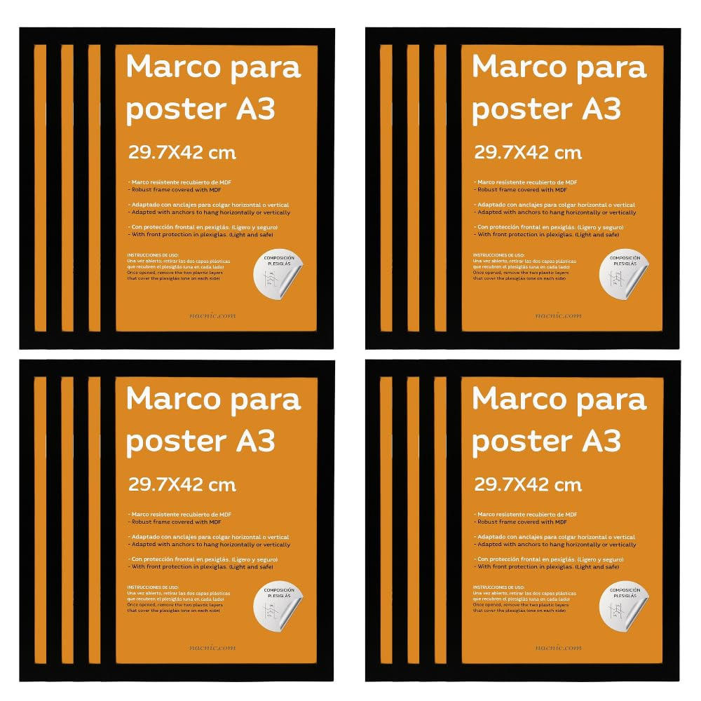 RAHMEN Set mit 12 aus MDF und Acrylglas Schutz und Aussteller für Fotografien, Bilder, Poster, Gemälde, Dekoration für Haus Farbe Schwarz A3 - Schwarz, Holz (29.7/3/42cm) - Nacnic