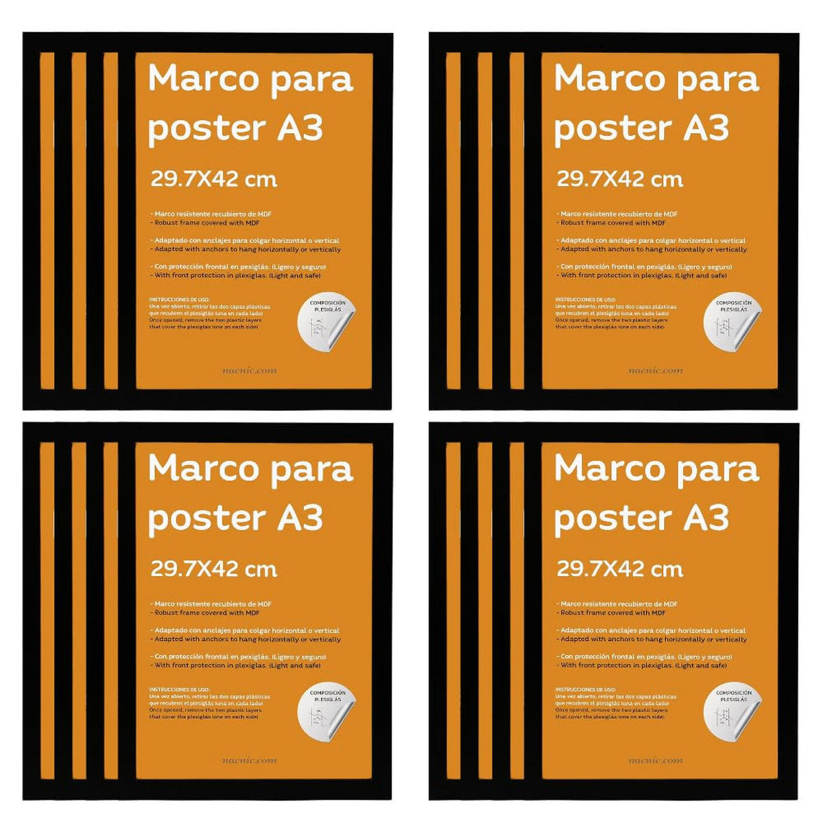 RAHMEN Set mit 12 aus MDF und Acrylglas Schutz und Aussteller für Fotografien, Bilder, Poster, Gemälde, Dekoration für Haus Farbe Schwarz A3 - Schwarz, Holz (29.7/3/42cm) - Nacnic