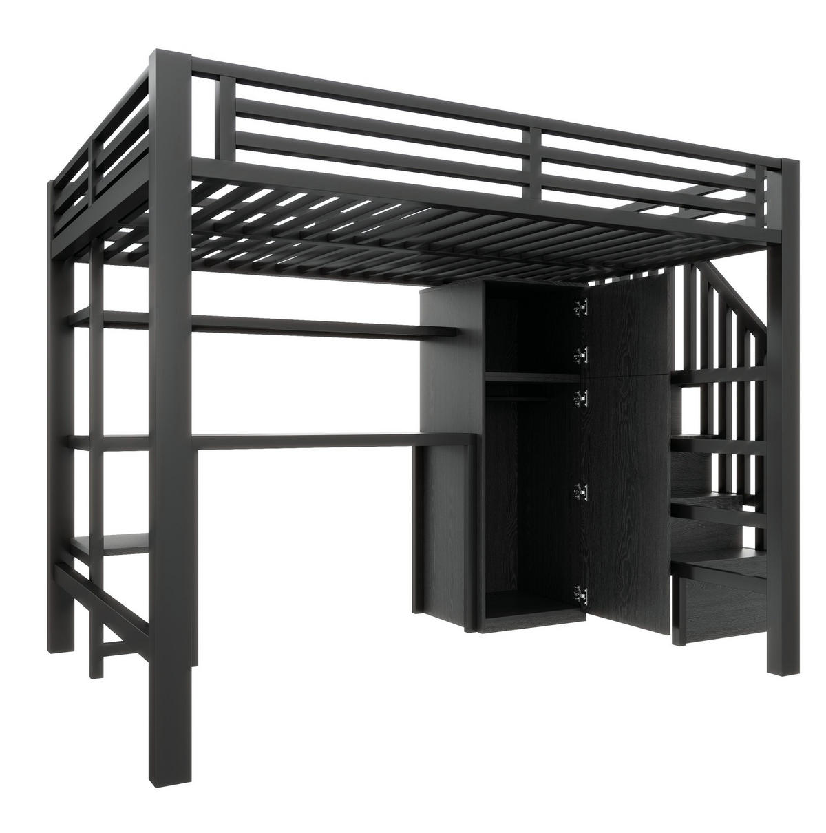 HOCHBETT 140/200 cm mit Schreibtisch, LED-Beleuchtung, Regal, Kleiderschrank und Stauraumtreppe, Schwarz - Schwarz, Holzwerkstoff (140/200cm) - Redom