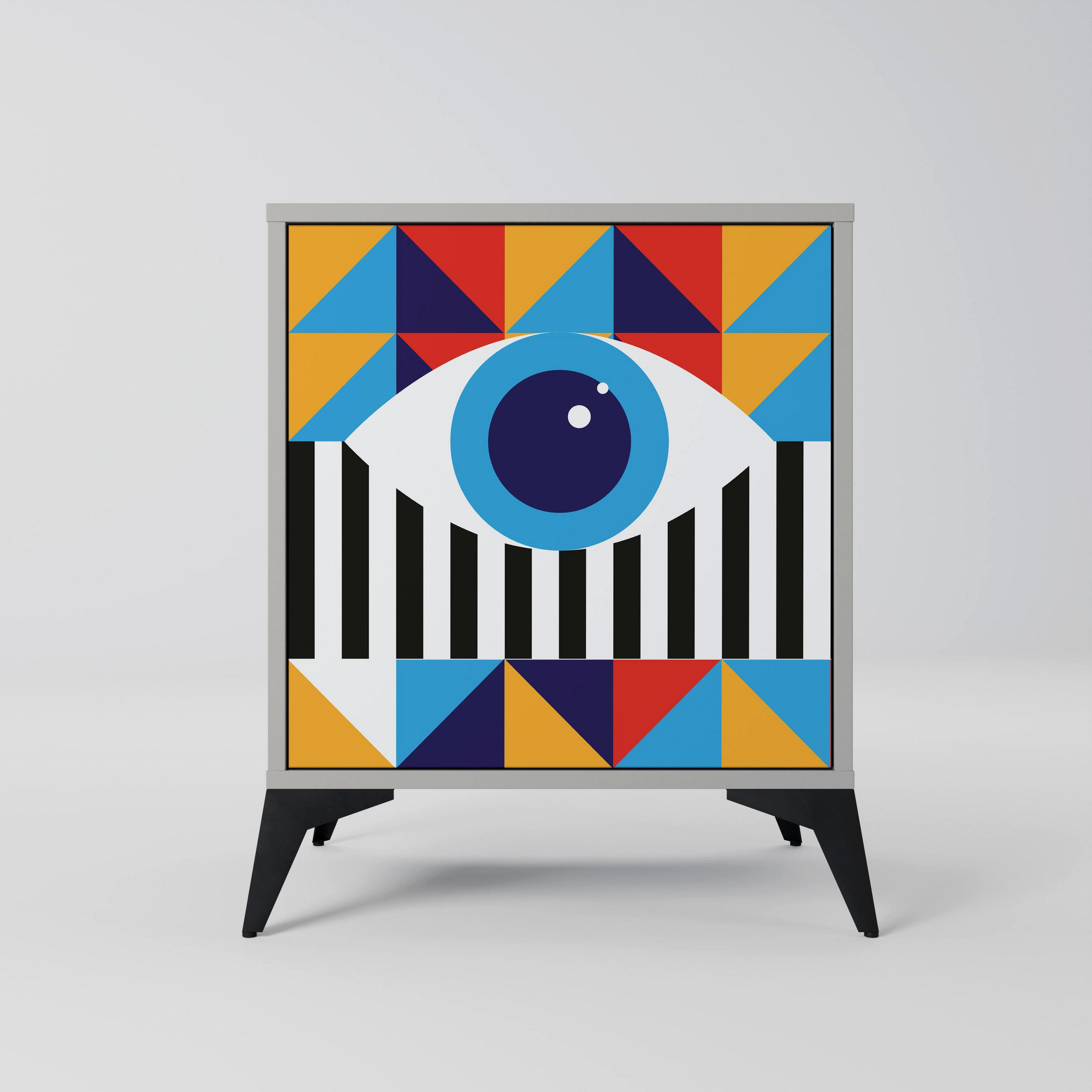 SIDEBOARD ABSTRACTION AND GEOMETRY, Grau, 57,5x42x70,5 cm, Schwarze Metall-Sternfüße - Multicolor/Schwarz, Holzwerkstoff/Metall (57.5/70.5/42cm) - SpaceRebels