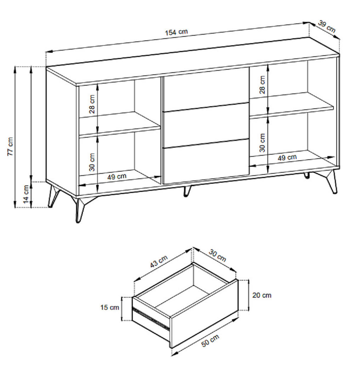 KOMMODE mit Schubladen 154 cm Emerald - Loft, Schwarz, Evoke Eiche - Braun, Holz (154/77/39cm) - Emporius