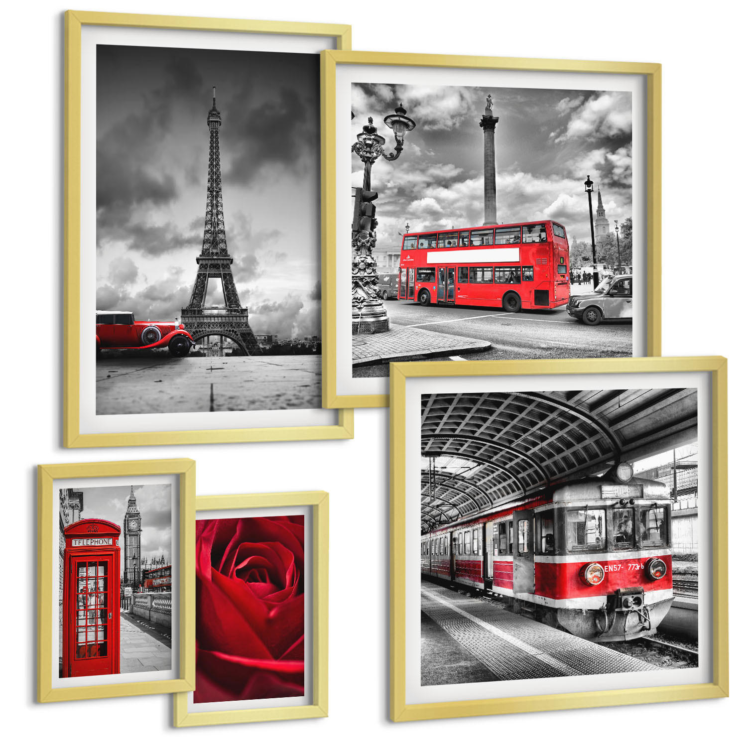 BILDER SET 5er Set - 50x50 cm & 20x30 cm & 40x60 cm Goldrahmen - Ikonische Städte London Paris Eisenbahn - Goldfarben, Kunststoff (40/60cm) - TULUP