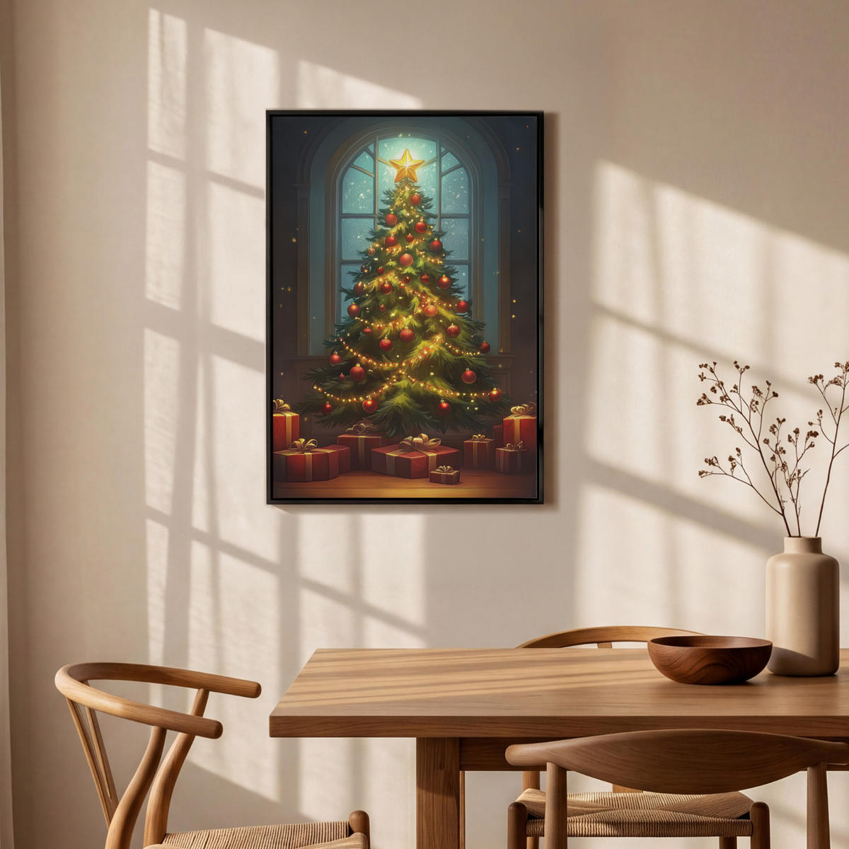 LEINWAND Bilder mit Rahmen - Weihnachtsbaum - Geschenk - Winter - 60x90 - Grün, Textil (60/90cm) - MuchoWow