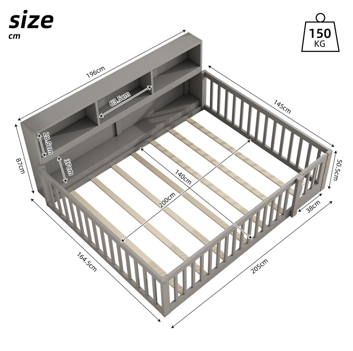 TAGESBETT 140/200 cm grau aus Kiefernholz und MDF mit Stauraum - Grau, Holz (140/200cm) - OKMYHOME