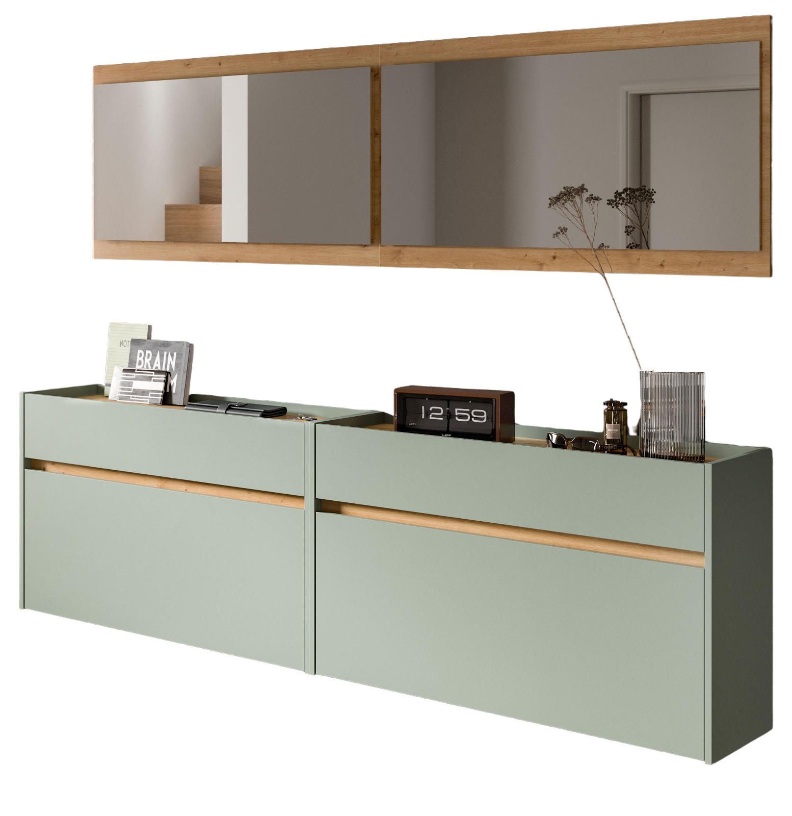 GARDEROBE-SET Salbei und Artisan Eiche, Garderobe 4-teilig, 220 x 192 cm, Borga - Salbeigrün/Eiche Artisan, Holzwerkstoff (220/192/32cm) - Inn.Furn