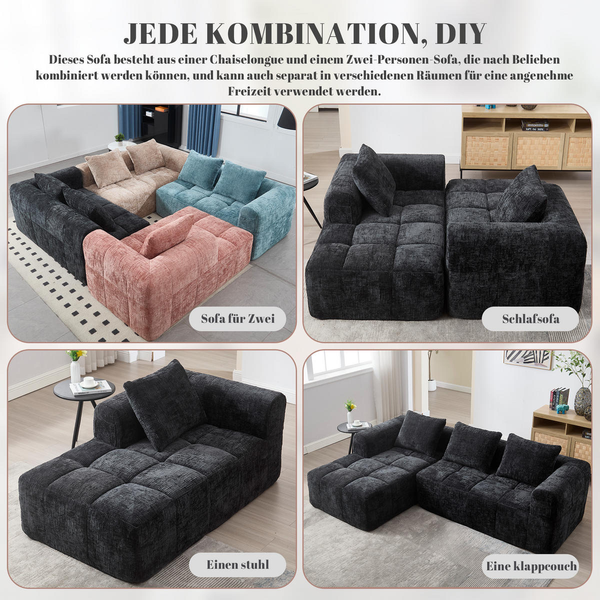 4-SITZER ECKSOFA Chenille Schwarz mit Seitentaschen und mit Kissen - Schwarz, Textil (250/158cm) - WISHDOR