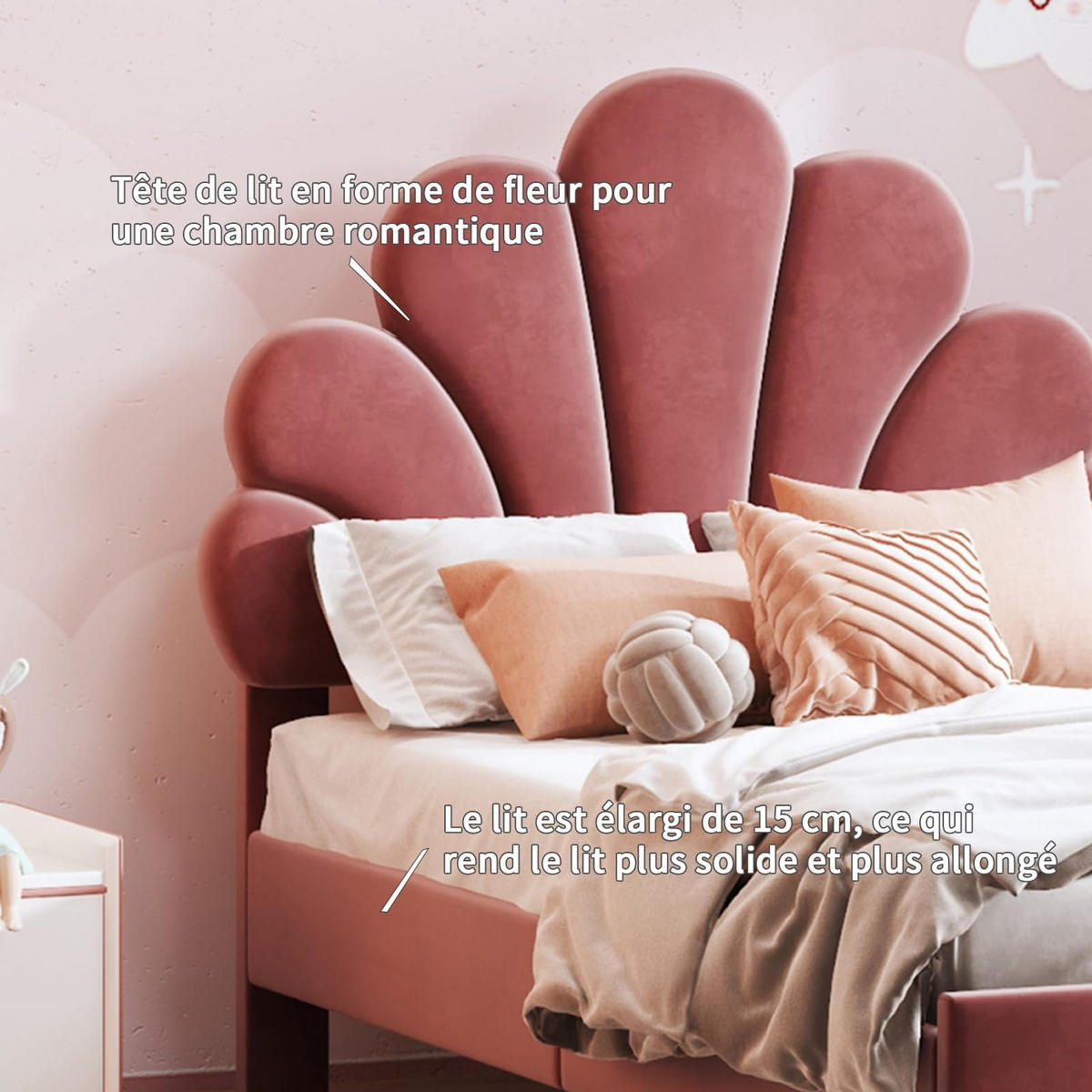 KINDERBETT 90x200 cm Blumen Kopfteil Lattenrost Samt rosa - Rot, Holz (90/200cm) - LEBENLANG