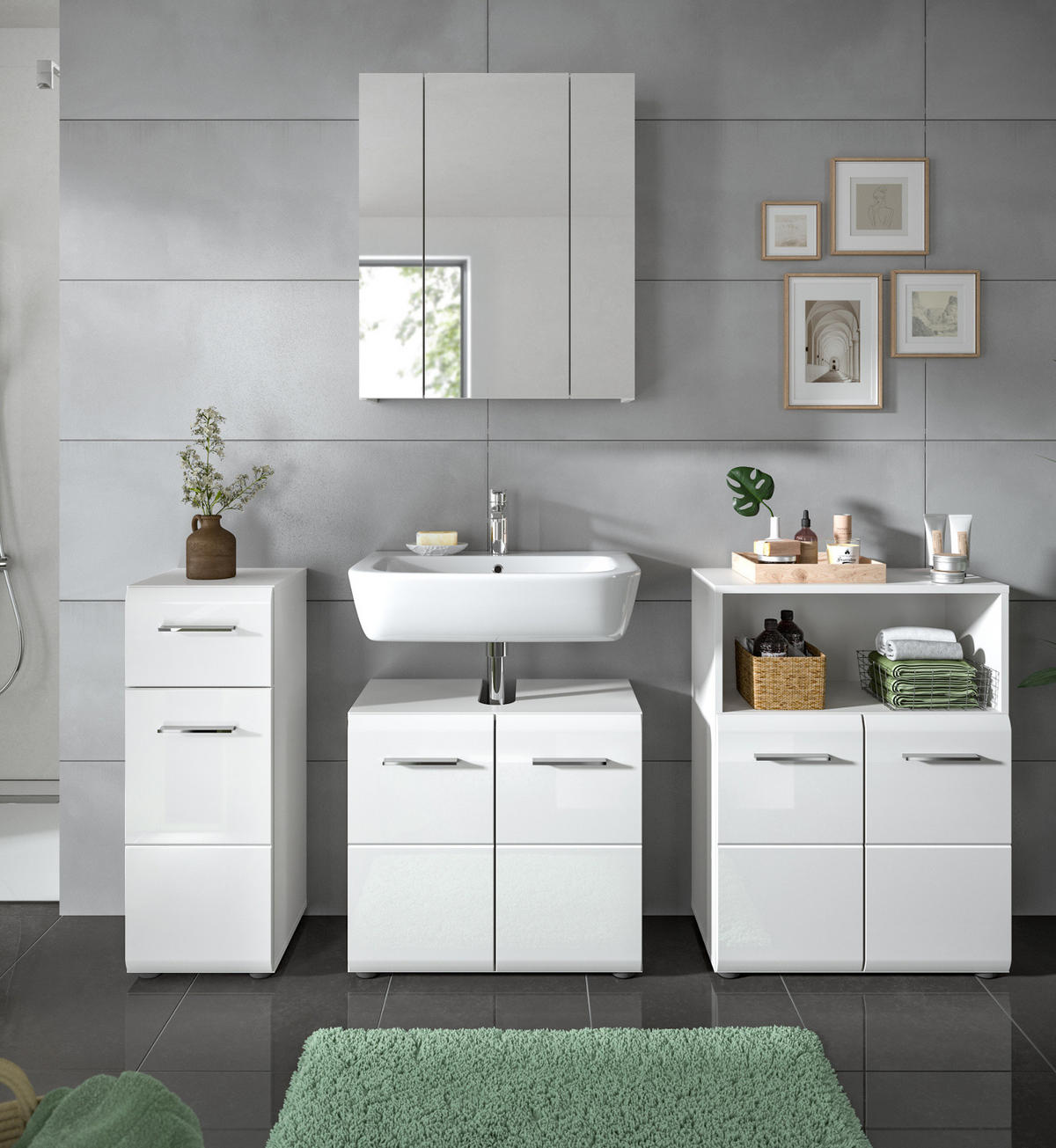 BADMÖBEL-SET weiß Hochglanz, Badkombination 4-teilig 180 cm - Weiß Hochglanz/Silberfarben, Glas/Holzwerkstoff (180/185/30cm) - Inn.Furn