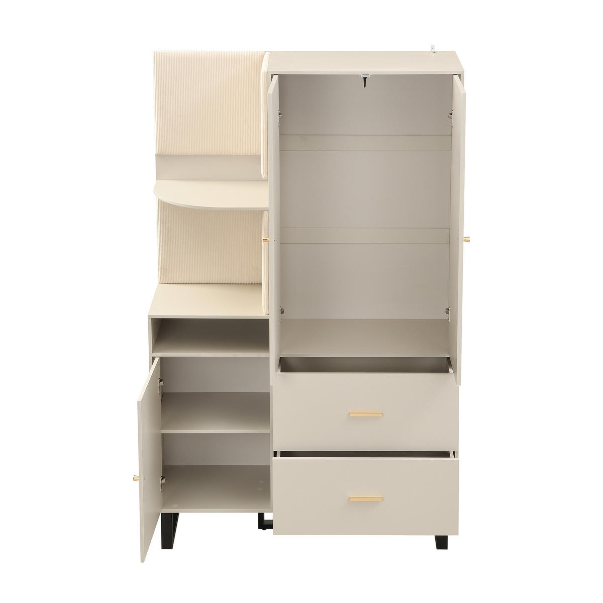 GARDEROBE Flurregal Kleiderschrank Stoffpaneele ausziehbare Stange Schubladen MDF Eisenfüße Kippschutz - Beige/Schwarz, Holzwerkstoff/Metall (110/186/38cm) - EVRYAE