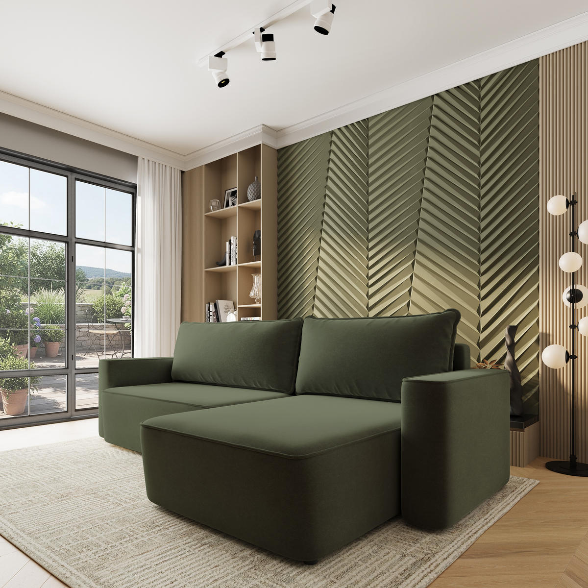 ECKSOFA BELARO CL Olivgrün Samtstoff mit Schlaffunktion - Olivgrün, Holzwerkstoff/Textil (280/162cm) - MASSENO