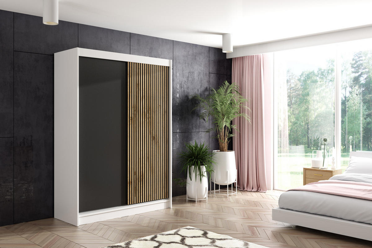 KLEIDERSCHRANK VILAN mit Lamel/LED - 150 cm - Weiß|Eiche Wotan - Eiche Wotan/Weiß, Holzwerkstoff (150/215/61cm) - ALTDECOR