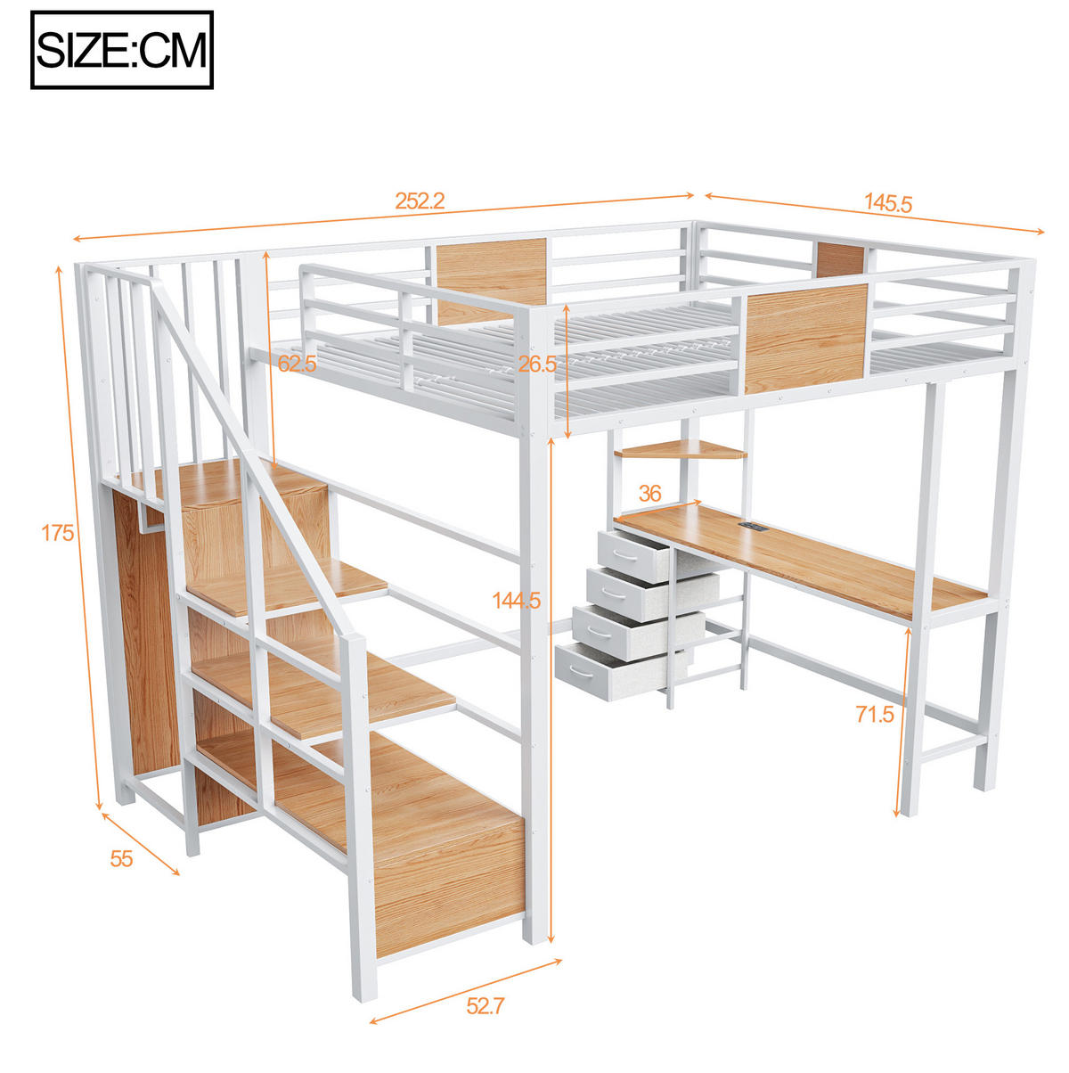 HOCHBETT 140/200 cm mit Schreibtisch, Ablagefächern, Kleiderstange, LED-Beleuchtung und Steckdose, Weiß - Weiß, Metall (140/200cm) - Redom