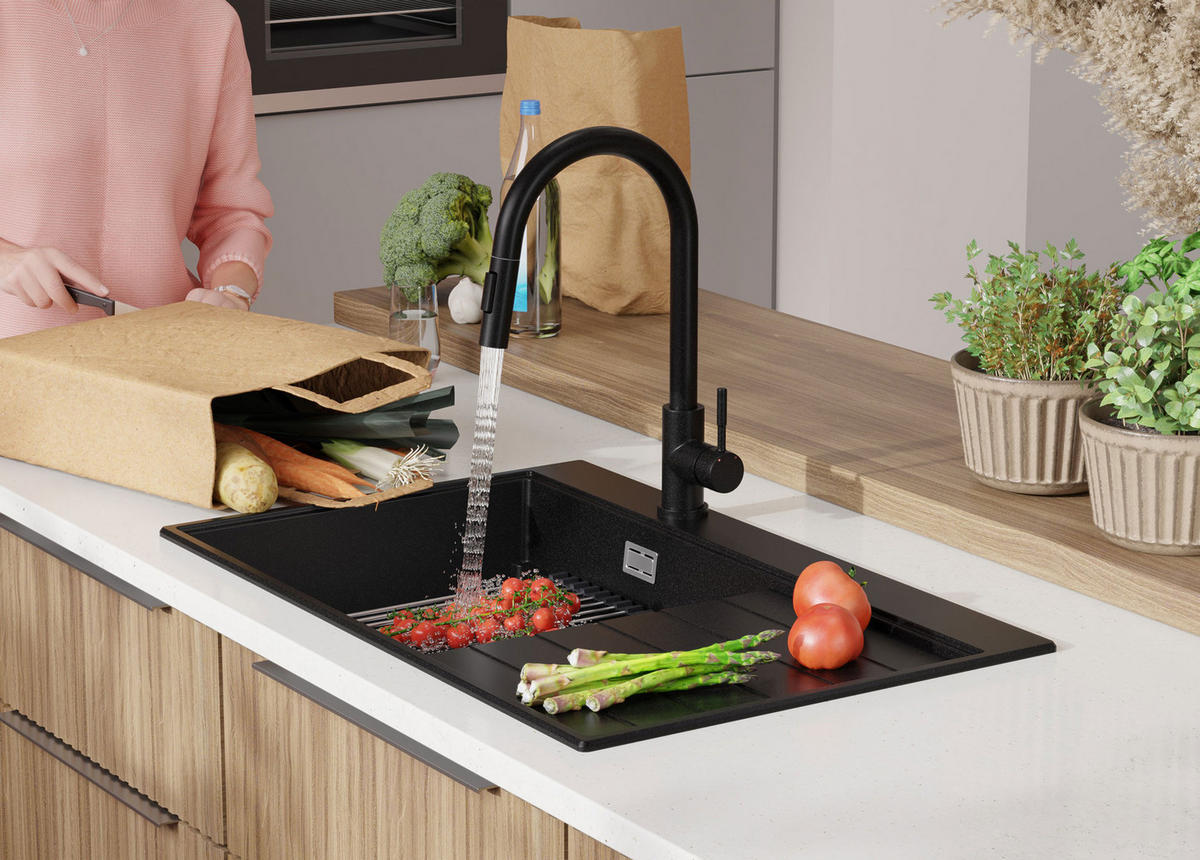 SPÜLBECKEN Sydney, 2-er set Schwarz 78/50 cm 1 Becken + Ablauf-Set + Küchenzubehörset ab 50er Unterschrank - Chromfarben/Beige, Kunststoff (78/20/50cm) - Primagran