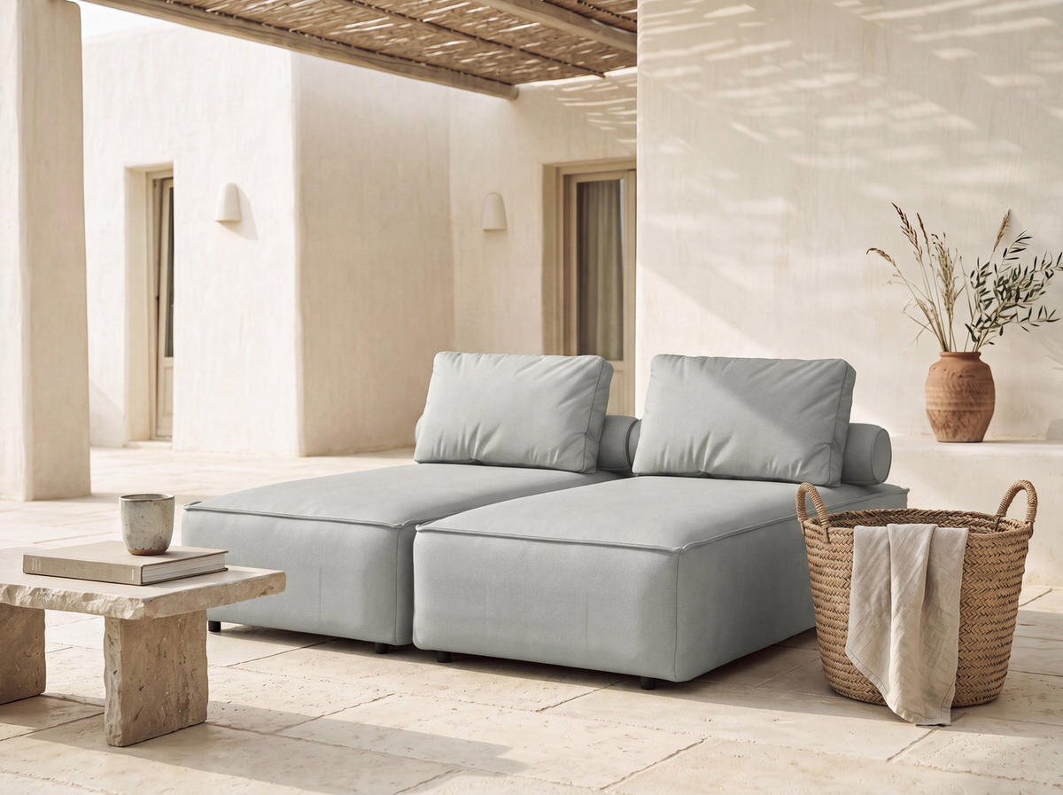 GARTENLIEGE Lorento 2er-Set Outdoor Polster-Doppelliege, Hellgrau Kunstleder 184/73/195 cm - Hellgrau, Textil (92/73/195cm) - WFL GROUP