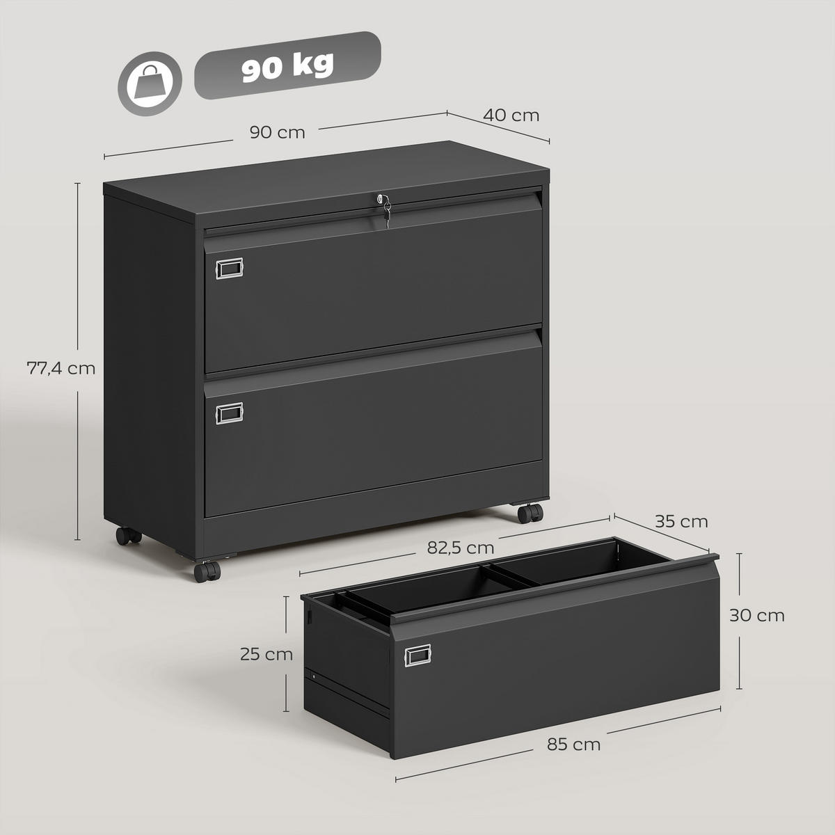 AKTENSCHRANK aus Stahl 90/40/78 cm Schwarz - Schwarz, Metall (40/77.4/90cm) - HOMCOM