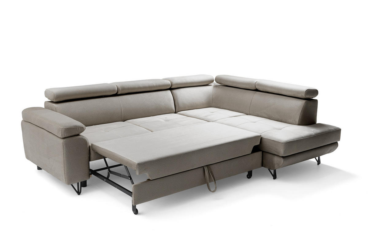 ECKSOFA JUNIOR L Rechts mit Schlaffunktion 194x128 Velours Beige - Beige/Schwarz, Holz/Textil (184/249cm) - Muffo