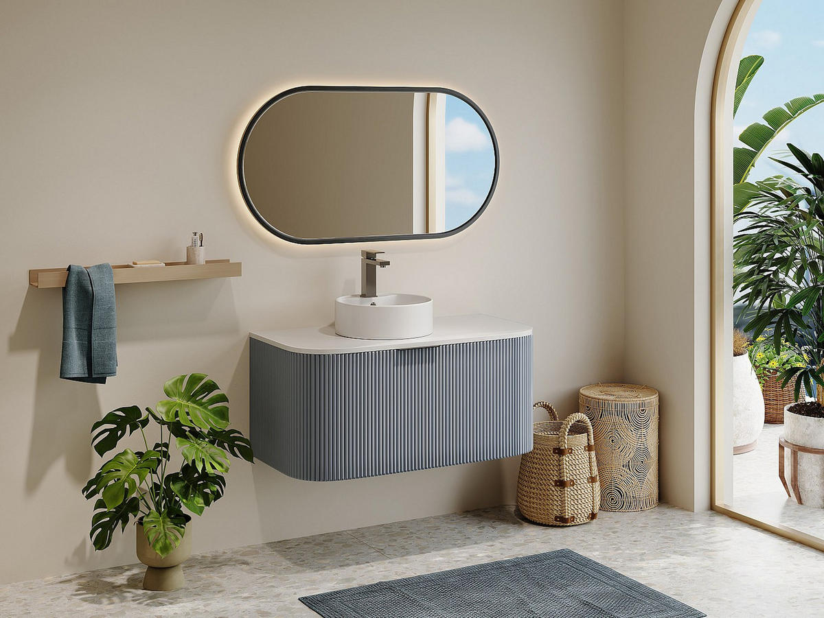 WASCHBECKENUNTERSCHRANK hängend - Streifenoptik - Blau matt - 100 cm - LOMERI - Blau, Holz (99/45/50cm) - Vente-Unique