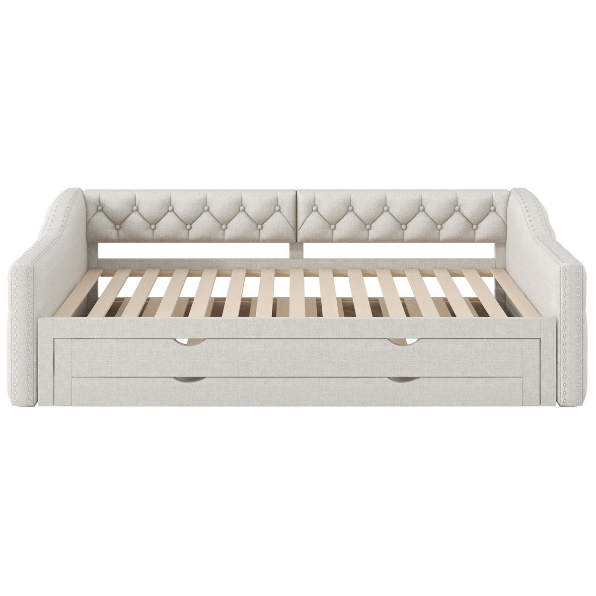 TAGESBETT aus MDF und Leinenmischgewebe 90x200 cm Beige mit LED-Beleuchtung, Ausziehbett und 3 Schubladen - Beige, Textil (90/200cm) - Modfu