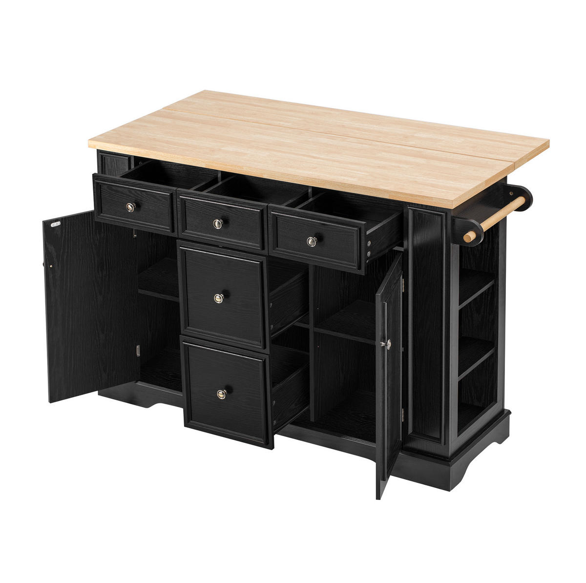 KUCHYŇSKÝ ostrůvek 130,5/40-65/92 cm s rozkládací pracovní deskou, úložným prostorem a nabíjecí stanicí, Černá - černá, kompozitní dřevo (130.5/92/65cm) - Redom