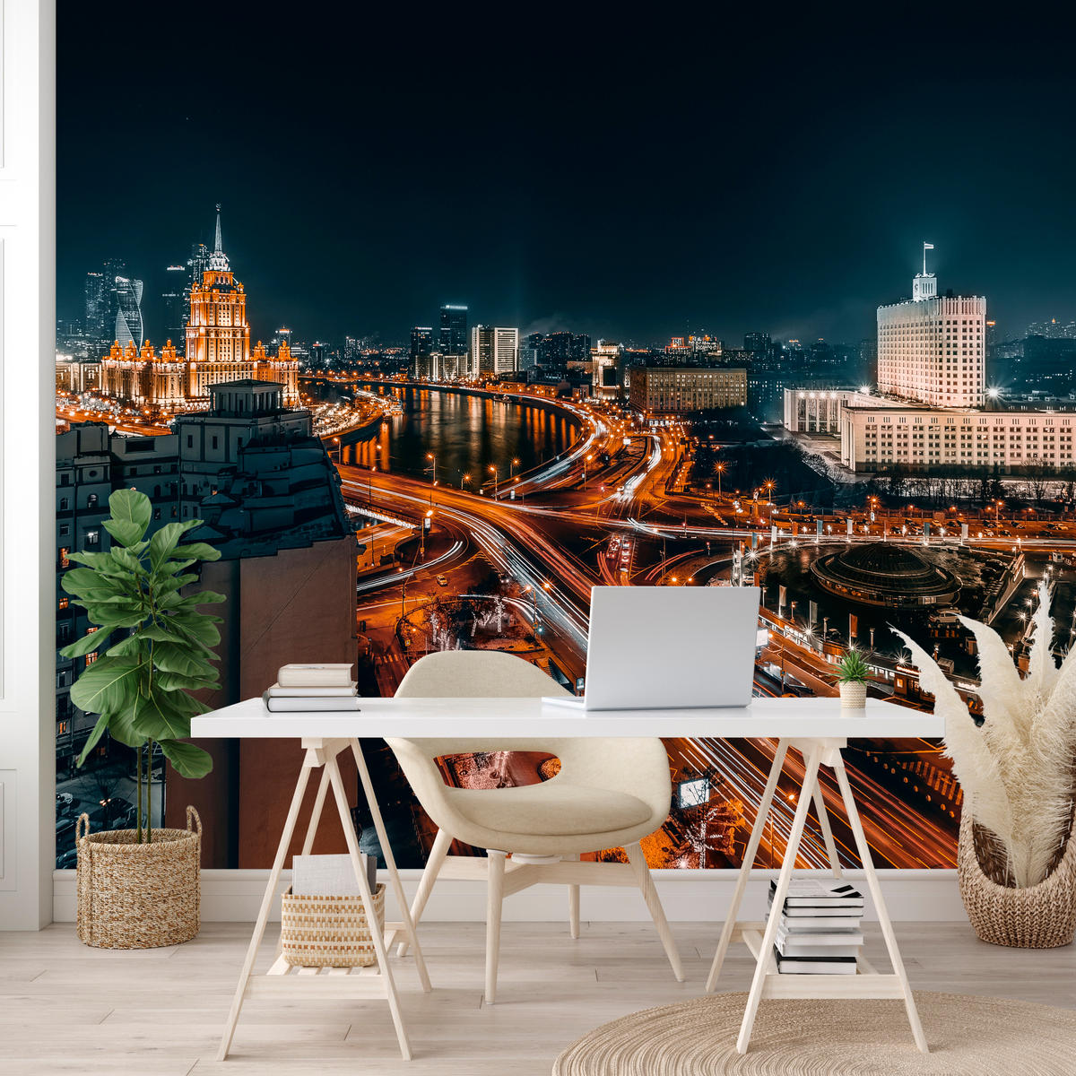 FOTOTAPETE für Wohnzimmer Moskau Nacht Panorama Metropole Straßen 200x140 - Beige/Schwarz, Papier (200/140cm) - Muralo