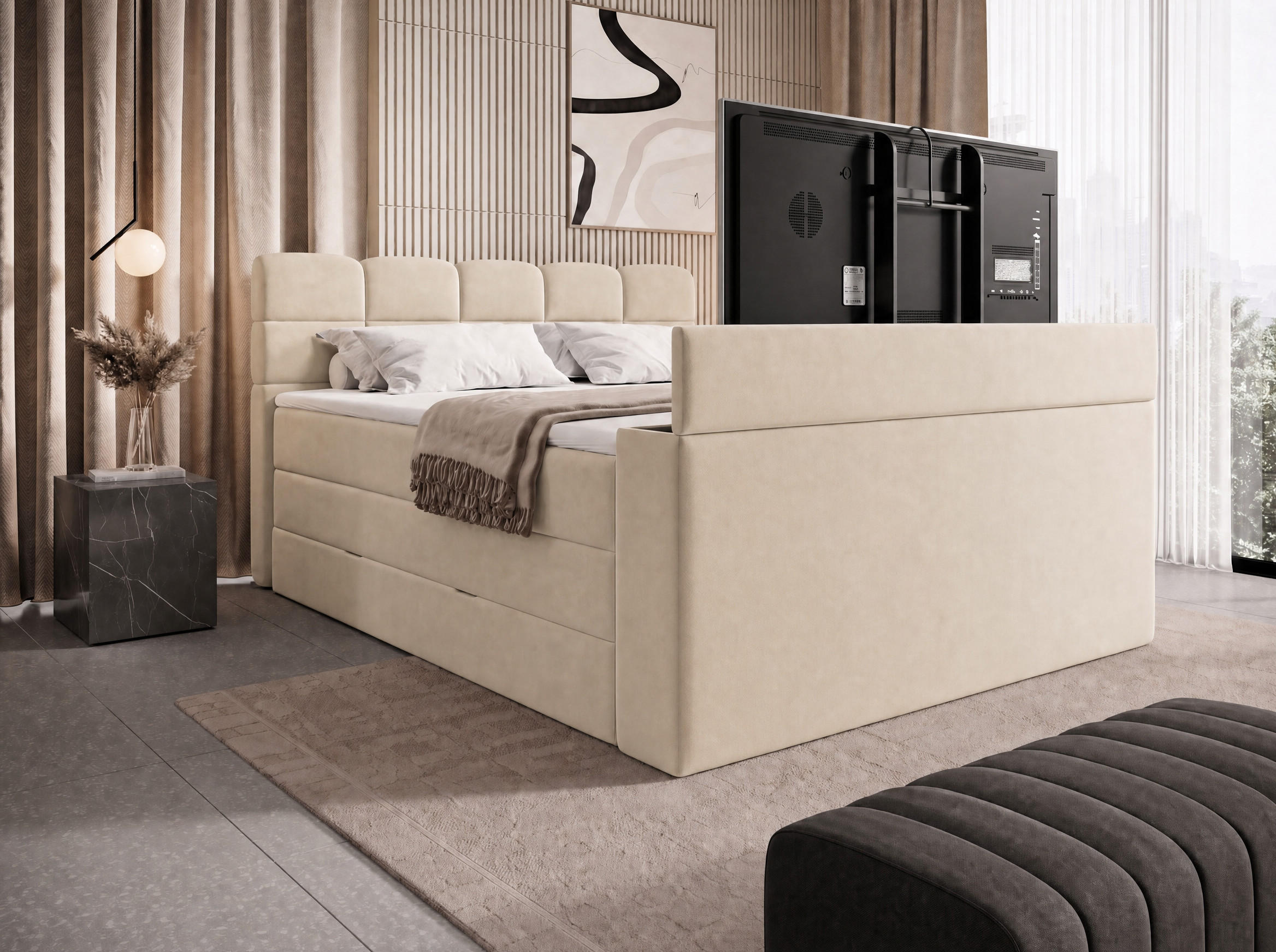 BOXSPRINGBETT Carenzo 3 Beige 180/200 cm H2/H3 Samt inkl. Topper und TV-Lift - Beige, Textil (180/200cm) - wonello
