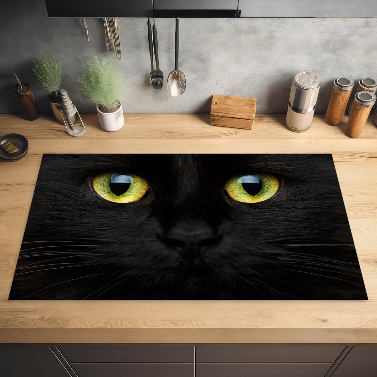 HERDABDECKPLATTE Katze - Augen - Gelb - Schwarz Ceranfeldabdeckung 90x52 cm - Schwarz, Kunststoff (90/52/0.2cm) - MuchoWow