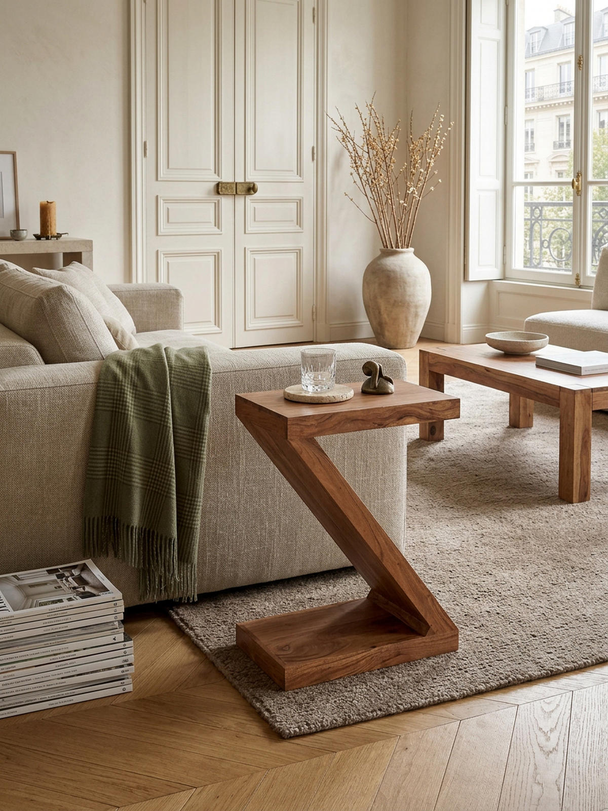 BEISTELLTISCH Massivholz Z-Form Handgefertigt, Beige 44x30x59 cm - Beige, Holz (30/44/59cm) - KADIMA DESIGN