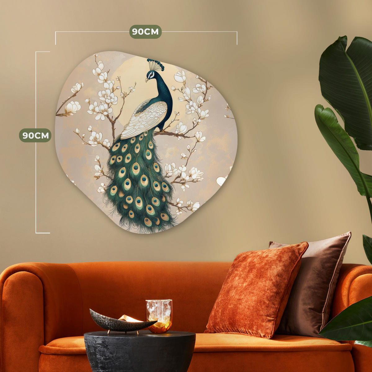 WANDBILD Pfau - Zweig - Blumen 90x90 cm - Champagner, Kunststoff (90/90cm) - MuchoWow