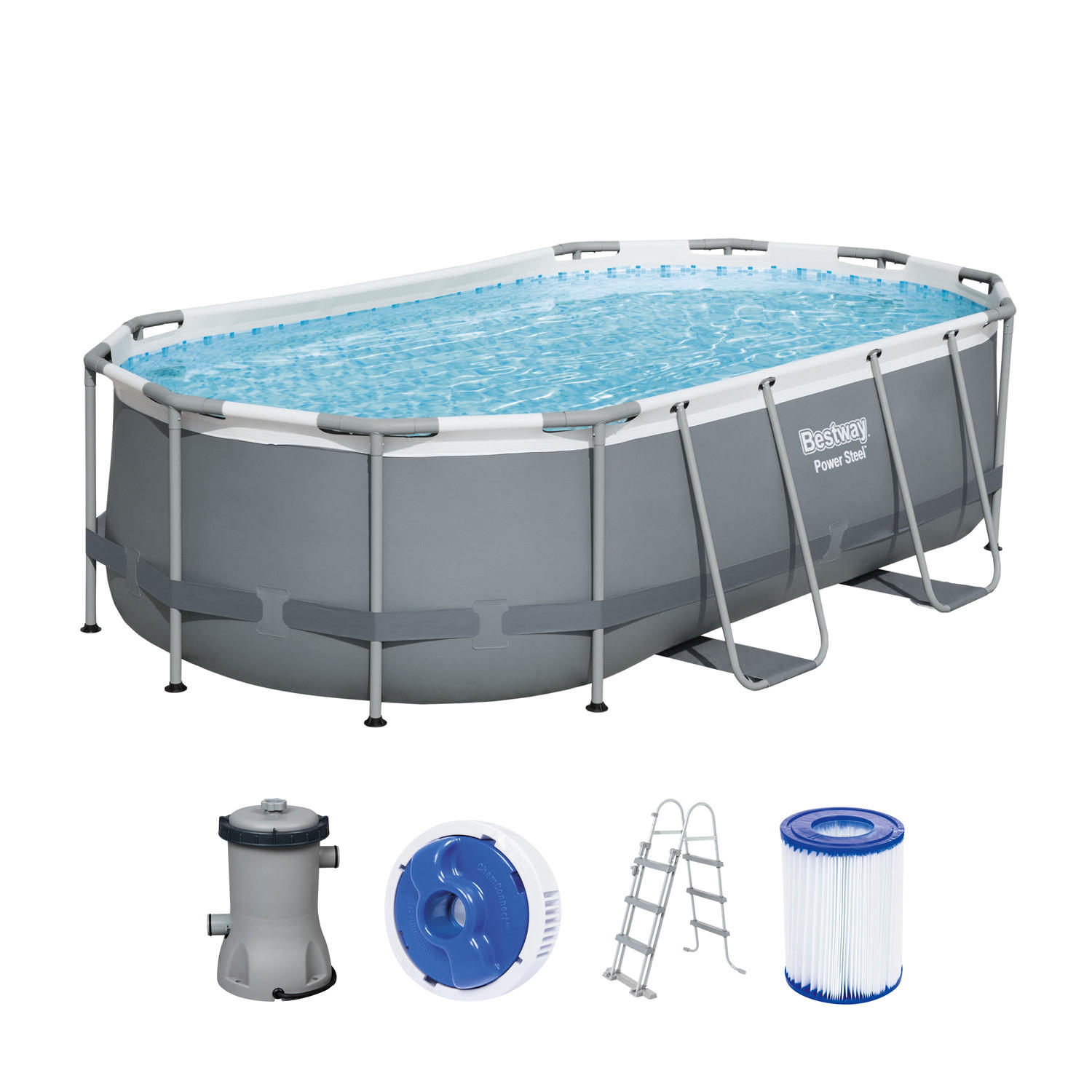 POOL Bestway 56620 Power Steel Frame Set in grau 427 x 250 x 100 cm mit Filterpumpe - Grau, Kunststoff (427/100/250cm)