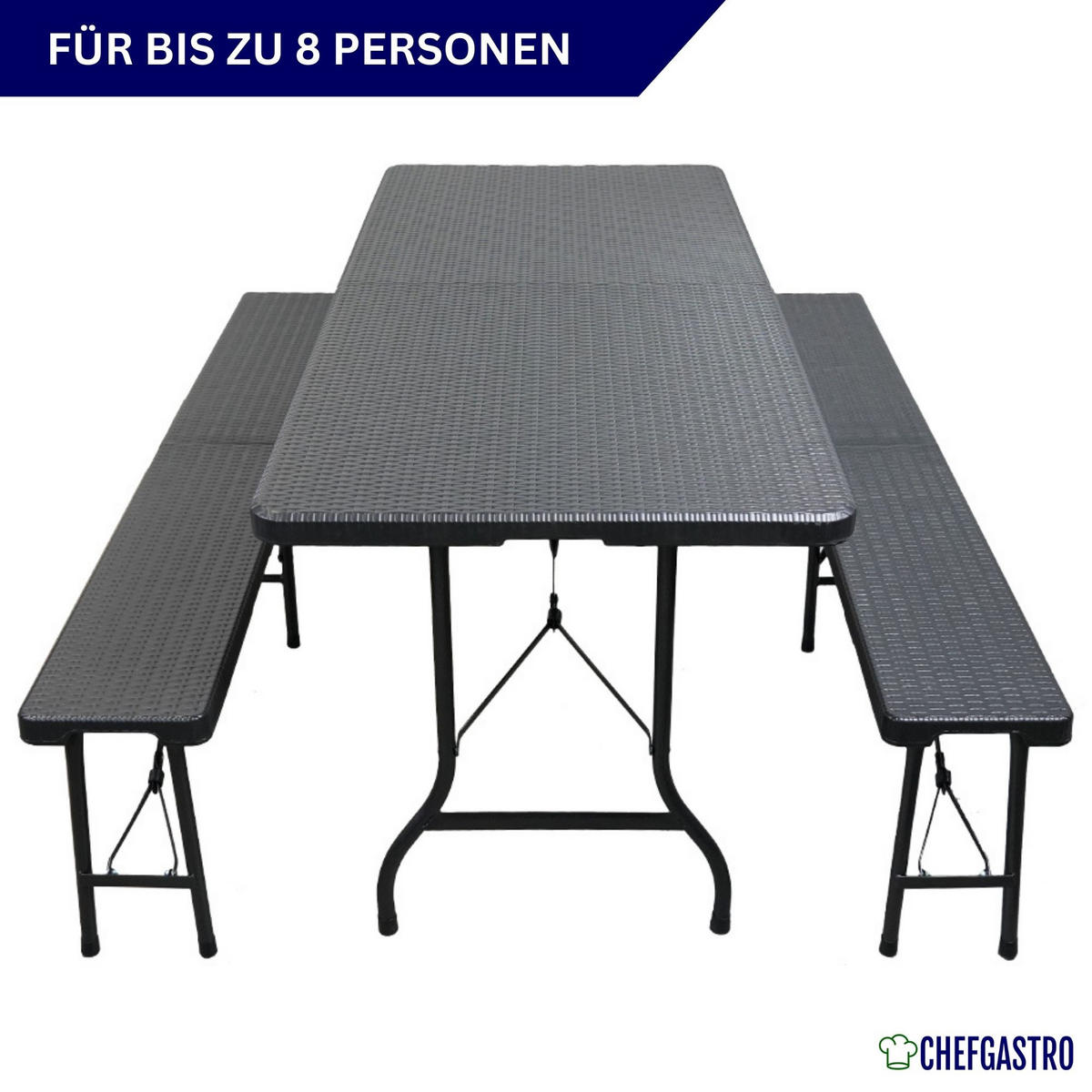 BIERZELTGARNITUR klappbar 180cm 3-teilig 1x Buffettisch 2x Bierbänke Rattan Optik Kunststoff - Schwarz, Kunststoff - CHEFGASTRO