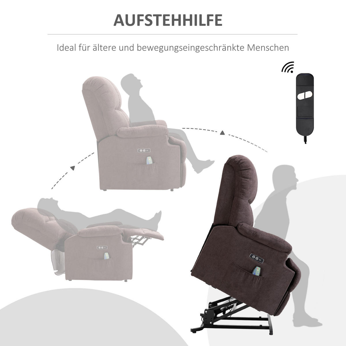 SESSEL mit Aufstehhilfe, Massagesessel, Relaxsessel mit USB-Anschluss, Samt - Braun, Kunststoff (95/105/83cm) - HOMCOM