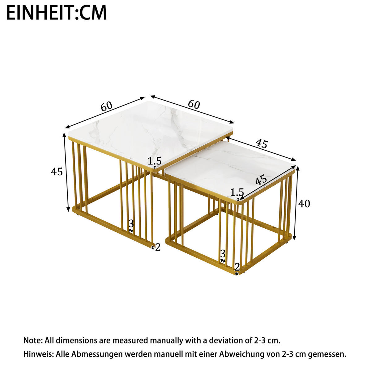 KONFERENČNÍ stolky 60/60/45 cm bílé z MDF v mramorovém vzhledu zasouvací 2 ks - bílá, kompozitní dřevo (60/60/45cm) - OKWISH