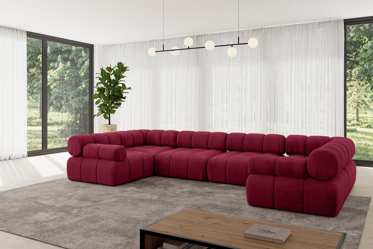 WOHNLANDSCHAFT modulares Sofa Birno-U2 - 380x190x70 cm Bordeauxrot Velours - Bordeaux, Holzwerkstoff/Textil (380/70/190cm) - ALTDECOR