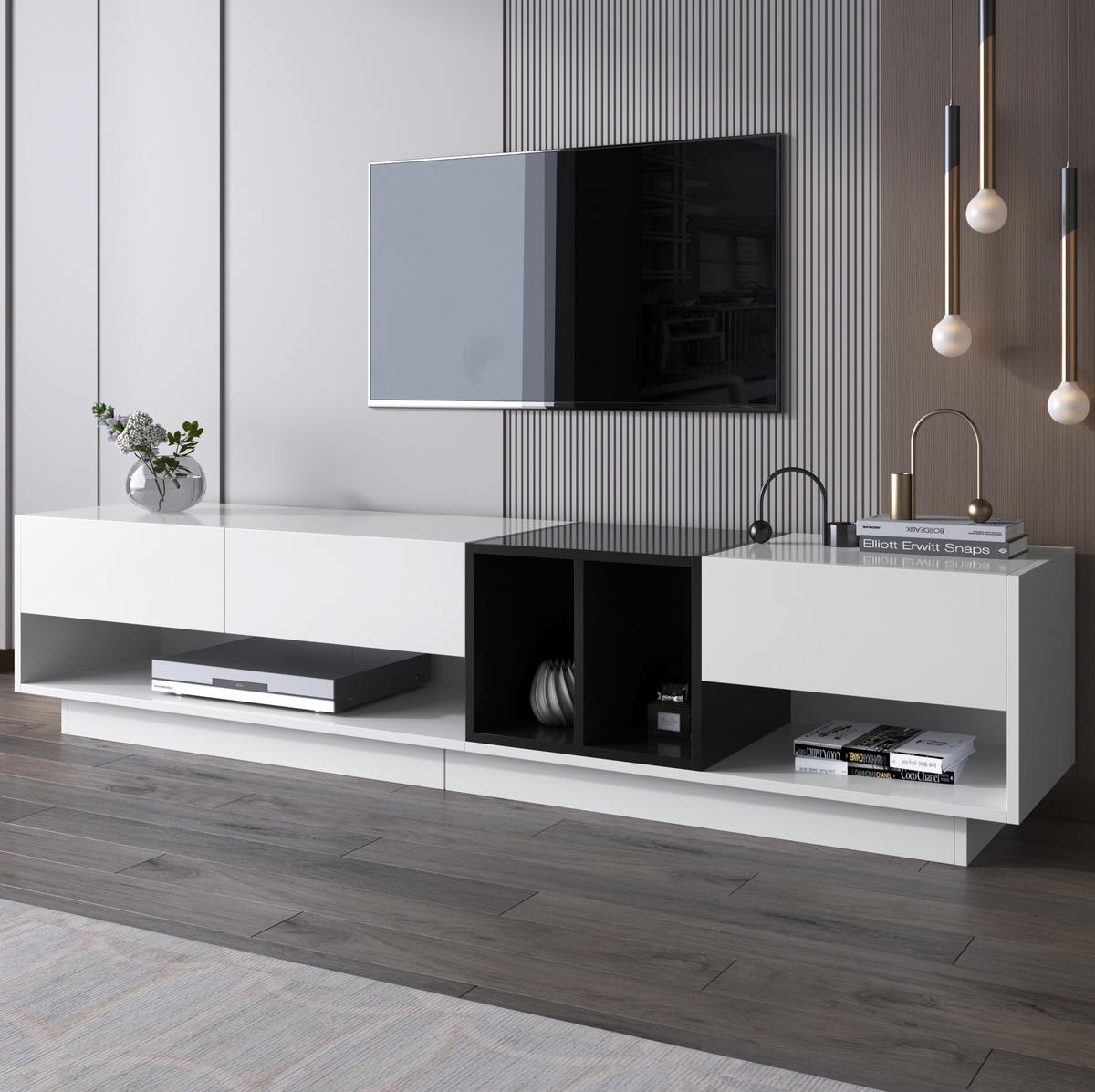 TV-SCHRANK in Weiß und Schwarz Hochglanz mit 3 Schubladen 190/40/42 cm - Weiß, Holzwerkstoff (190/42/40cm) - Redom