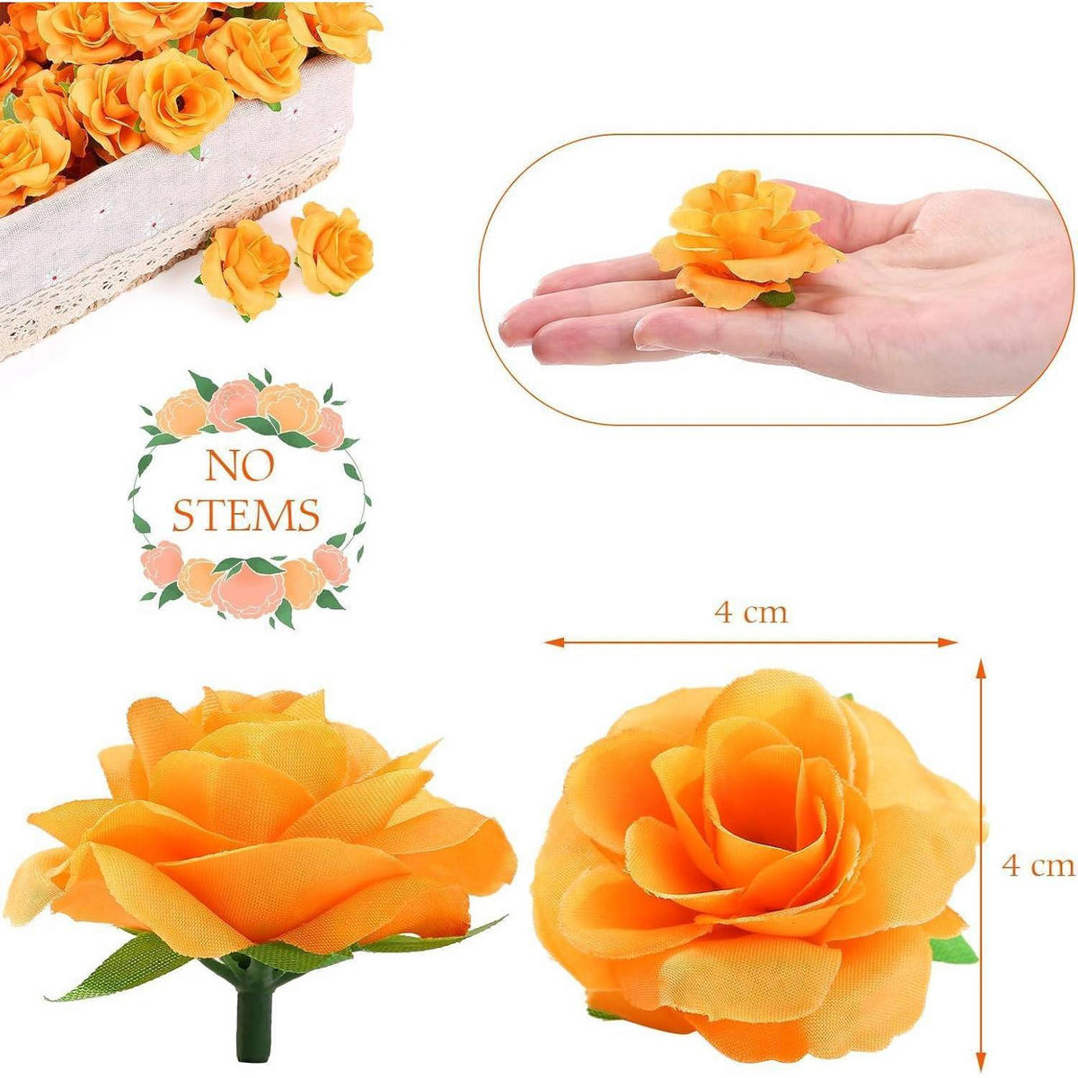 KÜNSTLICHE Blumenköpfe Rosen 50-teiliges Set Orange 4 cm - Orange, Kunststoff (1cm)