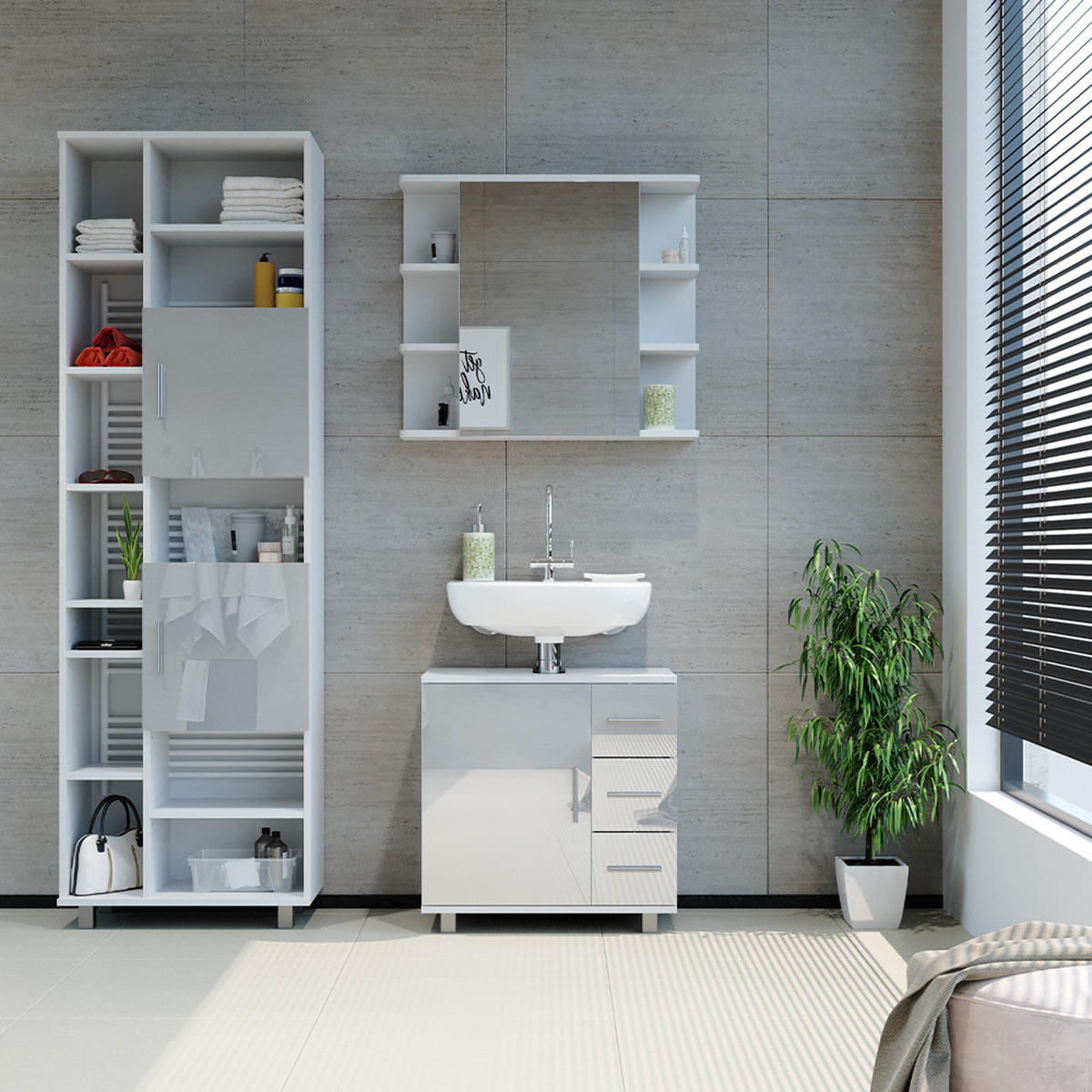 BADSCHRANK Ilias Weiß Hochglanz 60 x 190 cm - Weiß Hochglanz, Holzwerkstoff (60/190/30cm) - Vicco