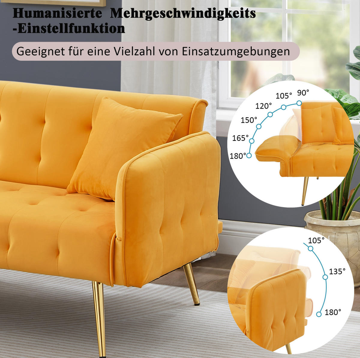 SOFABETT Samt mit verstellbarer Rückenlehne und Armlehnen Gelb 178/82/70 cm - Gelb, Textil (82/70/178cm) - Redom