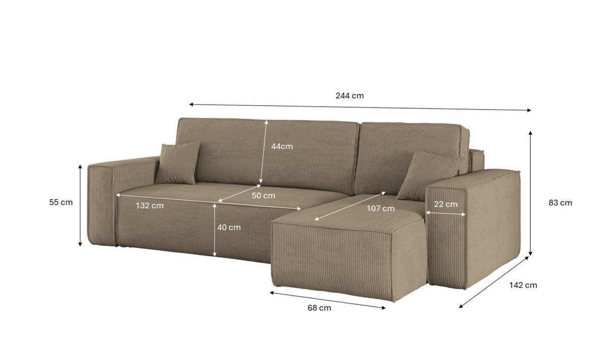 ECKSOFA Mit Schlaffunktion Und Bettkasten BEST Stoff Poso Dicker Cord Dunkelbeige Rechts - Cappuccino, Holz/Textil (244/142cm) - Kaiser Möbel