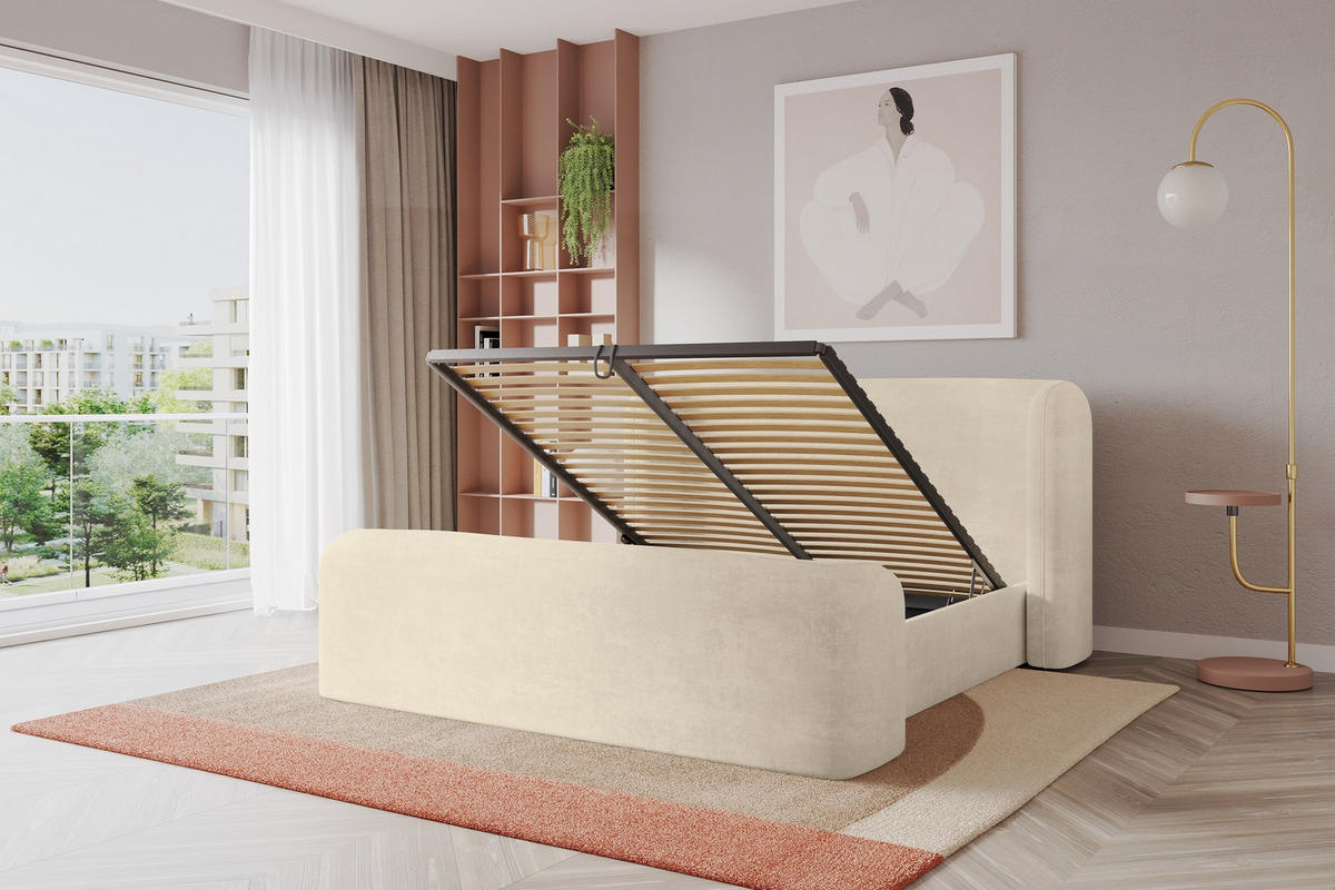 POLSTERBETT mit Bettkasten, Fußteil und Lattenrost, Boxbett ohne Matratze - ESTI-Z 160x200 Beige - Beige, Holzwerkstoff/Textil (160/200cm) - ALTDECOR
