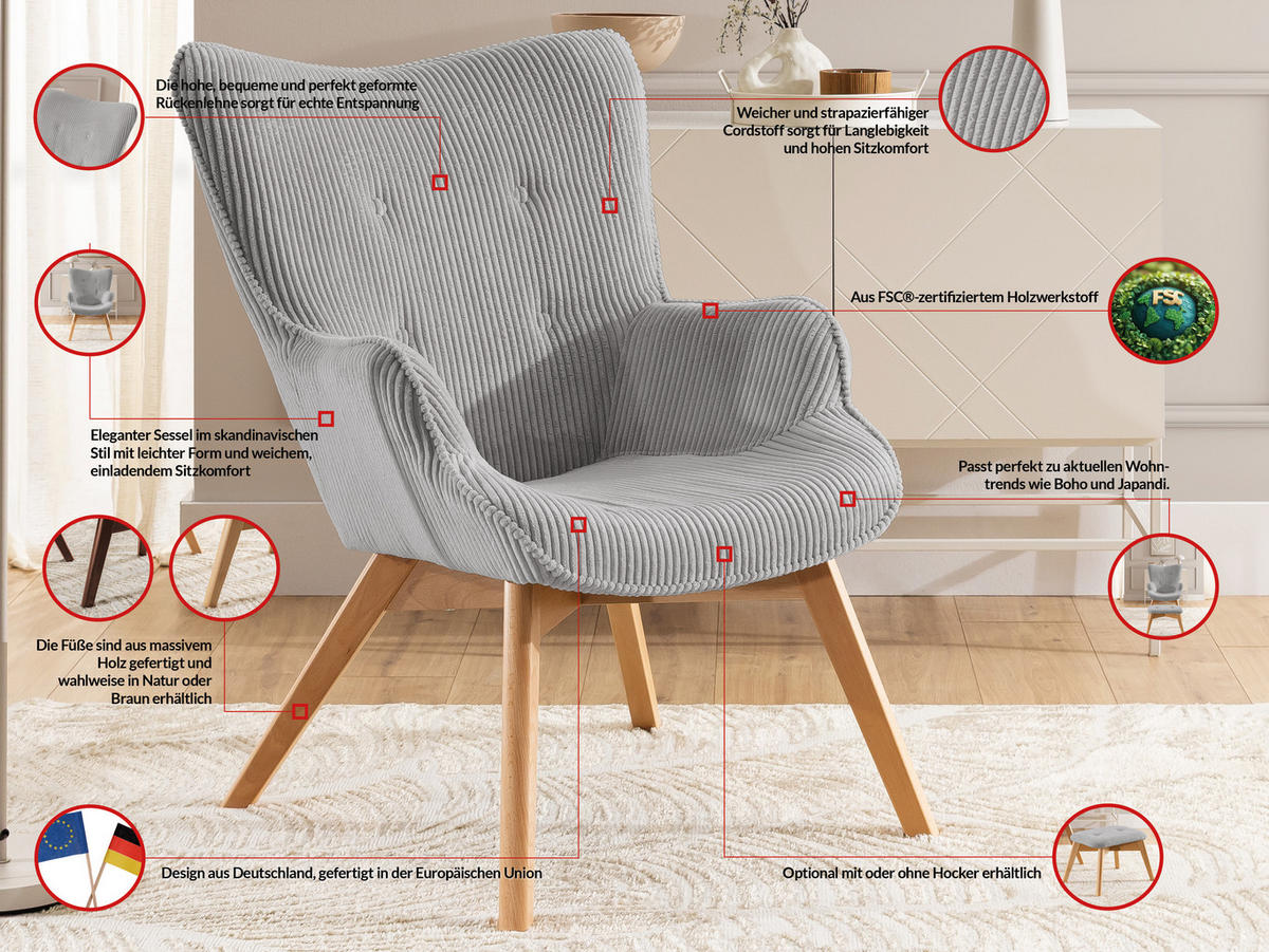 LOUNGESESSEL mit Fußhocker Lenari Hellgrau Cordstoff mit Füßen in Natur - Hellgrau/Naturfarben, Holz/Textil (71/96/86cm) - S-Style Möbel