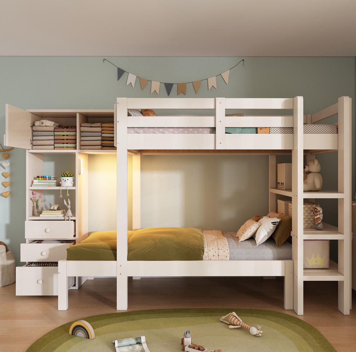 ETAGENBETT 90/200 cm in Weiß mit Stauraum, LED-Nachtlicht und Regal - Weiß, Metall (90/200cm) - OKMYHOME