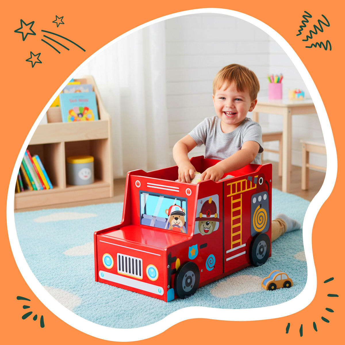 TRUHLA Vícebarevná na hračky hasičské auto MDF - červená, kompozitní dřevo (60/32cm) - Relaxdays