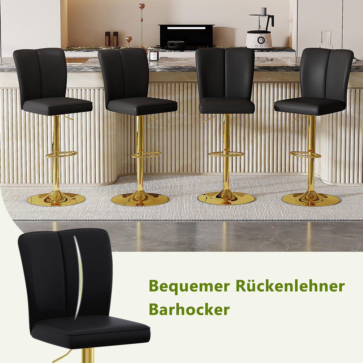 BARHOCKER 2er-Set Schwarz-Gold höhenverstellbar & 360° drehbar mit PU-Leder - Schwarz, Metall (44.5/95.5/44cm) - PANGIVO